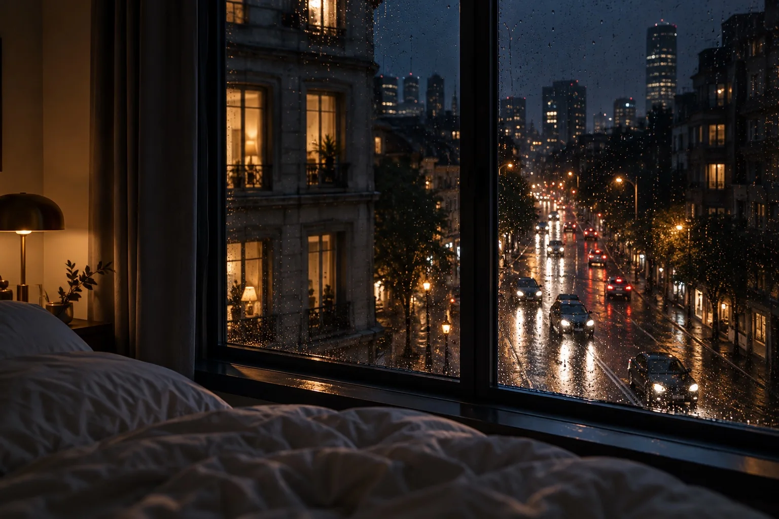 Rain on an apartment window overlooking nighttime traffic and city lights